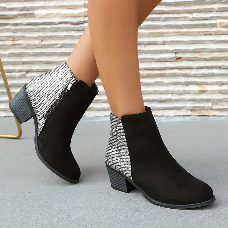 NILOFER™ SHINY ORTHOPEDIC RHINESTONE STITCHING ANKLE BOOTS