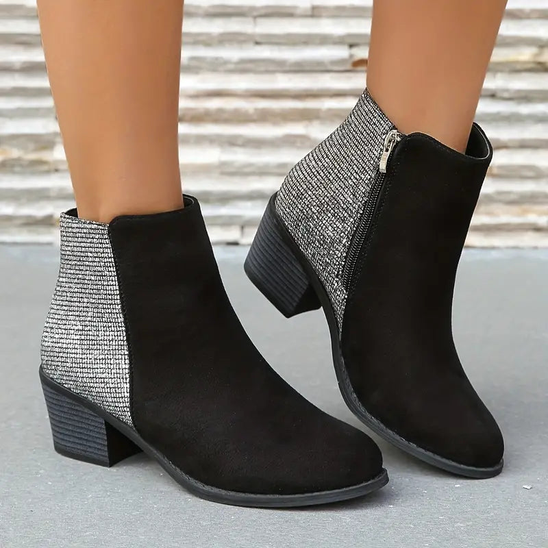 NILOFER™ SHINY ORTHOPEDIC RHINESTONE STITCHING ANKLE BOOTS