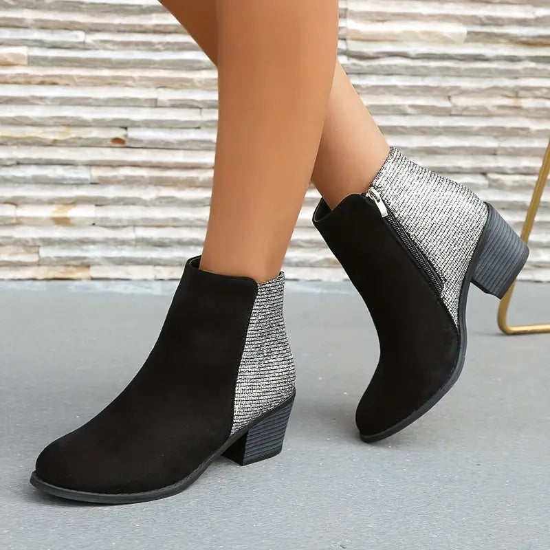 NILOFER™ SHINY ORTHOPEDIC RHINESTONE STITCHING ANKLE BOOTS