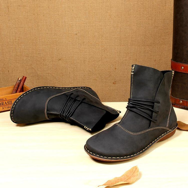WOMEN CROSS STRAP COWHIDE LEATHER ANKLE BOOTS